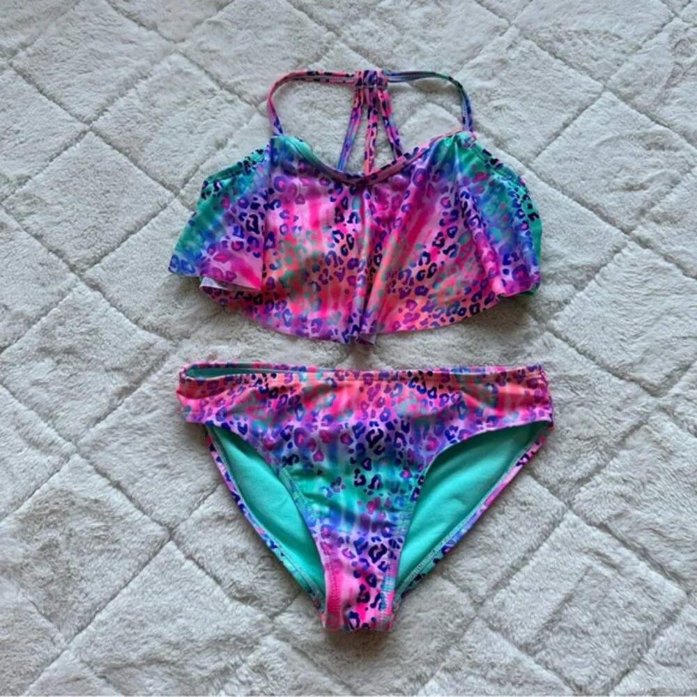 Wonder Nation | Pink and Blue Ombre Cheetah Print Flounce Bikini Set | Size 7/8